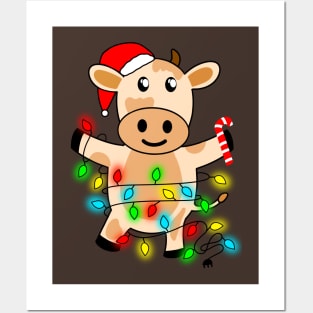 Cow Reindeer Hat Santa Christmas Lights Posters and Art